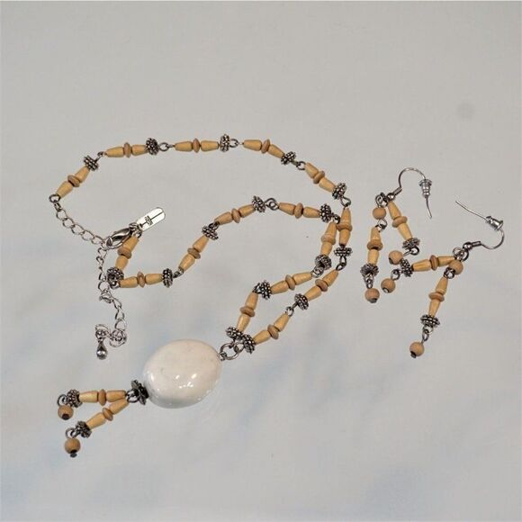 Boho Festival Necklace Earring Set Wood Silver Beads Christina Collection - Picture 6 of 10